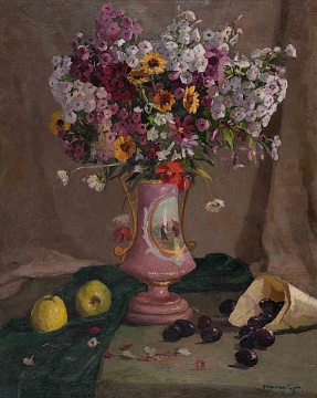 «Натюрморт. Цветы в розовой вазе с яблоками и сливами», 1950-е